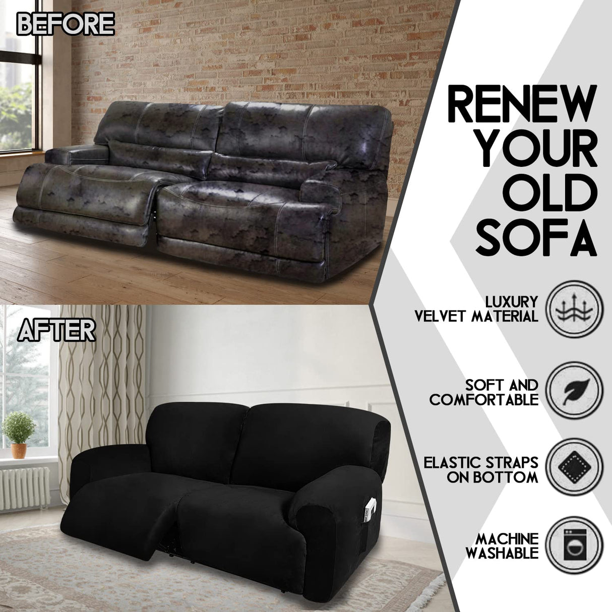ULTICOR Extra Wide 75" - 100", Reclining 2 Seater Sofa, Extra Wide Reclining Love Seat Slipcover, 6-Piece Velvet Stretch, Reclining Sofa Covers, Thick, Soft, Washable (Black) ULTICOR