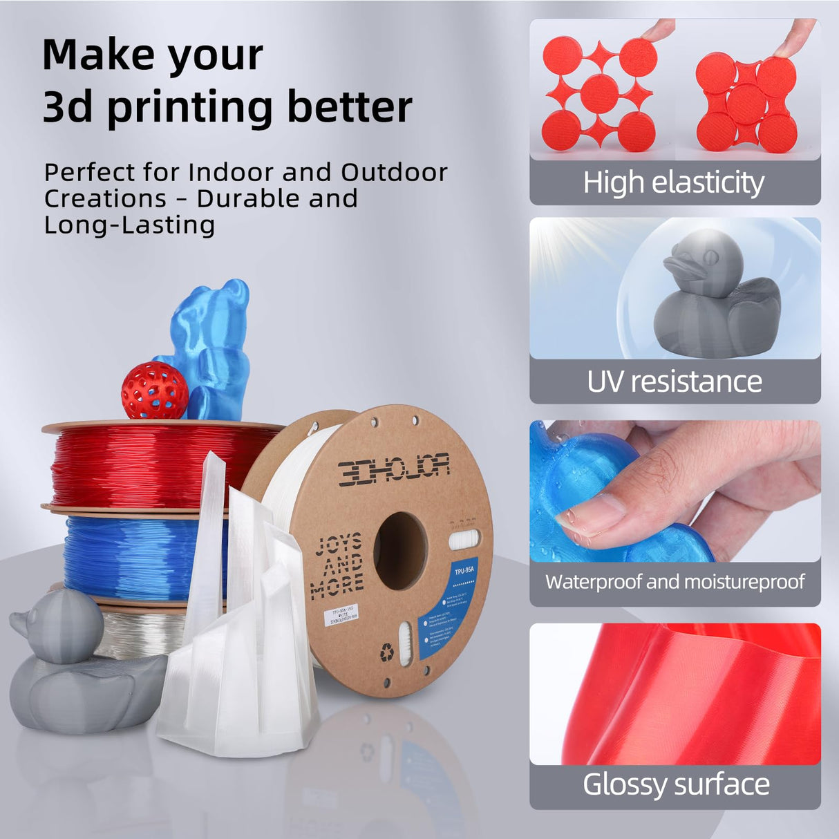 3DHojor TPU Filament 1.75mm TUP95A 3D Printer Filament Flexible Soft 3D Filament 1KG (2.2lbs) fit Most FDM 3D Printers Dimensional Accuracy +/- 0.03 mm-Natural 3DHoJor