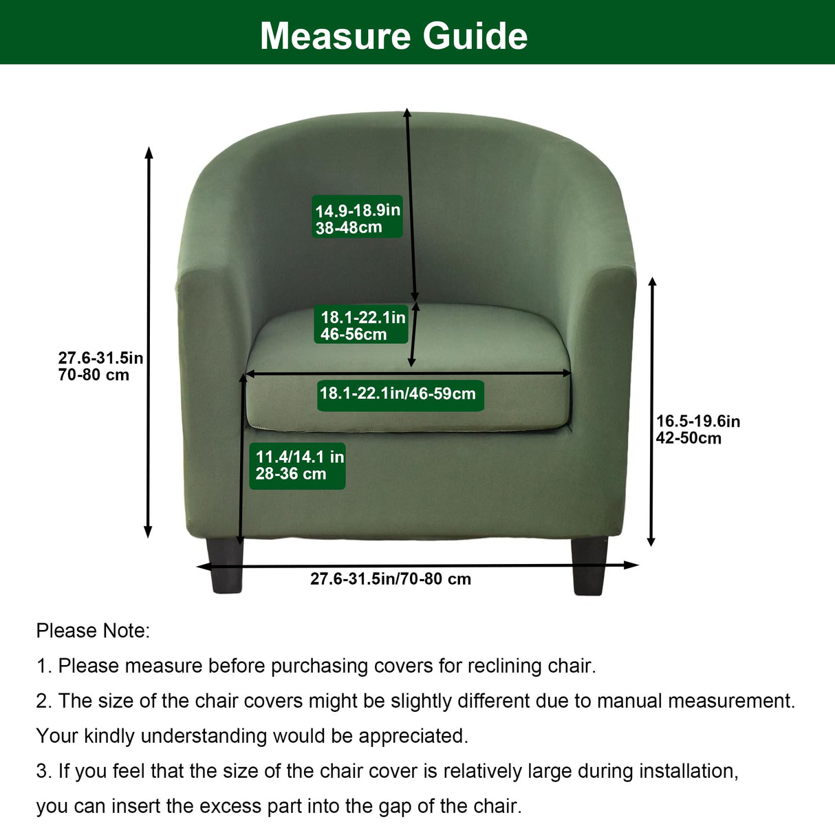 CRFATOP 2 Piece Club Chair Slipcover Stretch Barrel Chair Covers Solid Tub Chair Slipcovers Soft Armchair Covers Removable Furniture Protector Arm Chair Cover for Living Room,Green CRFATOP
