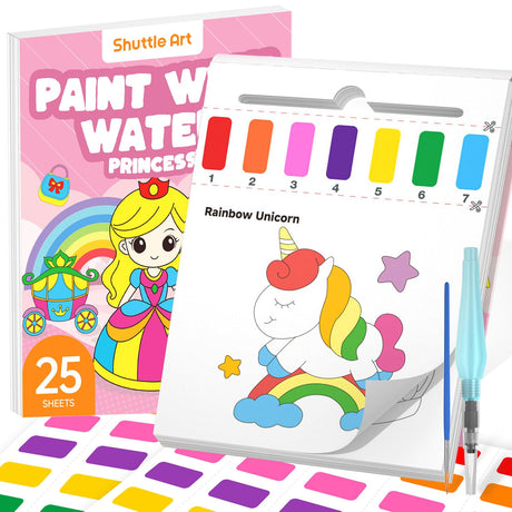 Shuttle Art Paint with Water Coloring Book for Kids, 25 Princess Themed Pages with 2 Brushes, Mess-Free Watercolor Paint Set, Travel-Friendly Art Craft Gift for Toddlers, Birthday Christmas Gift Shuttle Art