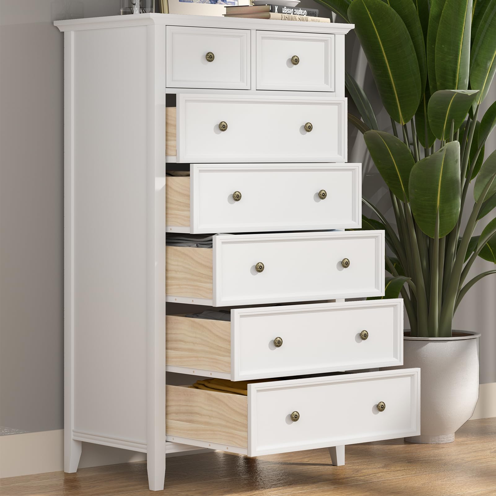 IKENO White 7 Drawer Tall Dresser, Tall Solid Wood Large Storage Cabinet, Modern Simple White Tall Chest of Drawer for Bedroom Living Room Hallway Entryway (White) - WoodArtSupply