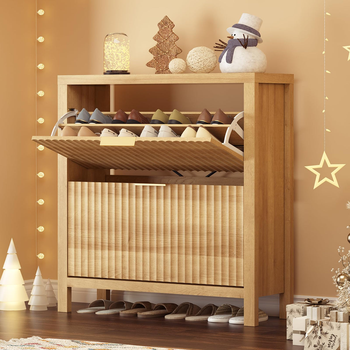 YOMILUVE Shoe Cabinet Storage for Entryway, Fluted Shoe Cabinet with 2 Flip Drawers, Hidden Shoe Rack Tall Freestanding Shoe Organizer with Legs for Hallway, Wood YOMILUVE