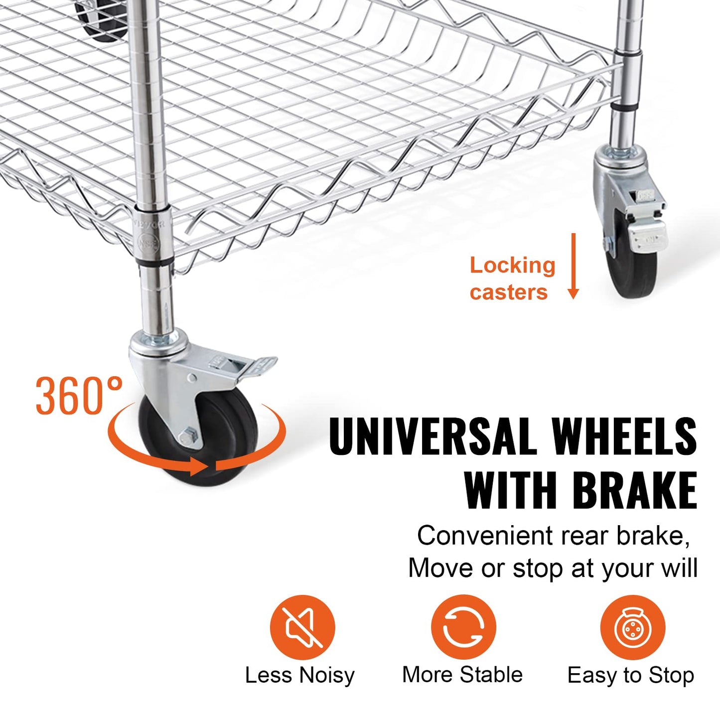 VEVOR Kitchen Utility Cart, 3 Tiers, Wire Rolling Cart with 661 LBS Capacity, Steel Service Cart on Wheels, Metal Storage Trolley with 80 mm Deep Basket Curved Handle 6 Hooks, NSF Listed