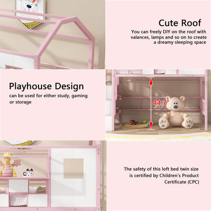 Twin Loft Bed with Storage Stairs and Guardrails in Pink, House-Style Design by Bellemave - WoodArtSupply