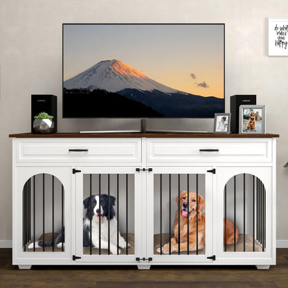 Large Dog Crate Furniture,74.8" Wooden Double Room Dog Crates Indoor Furniture Style with Divider and 2 Drawers,XXL Heavy Duty Dog Kennel Furniture TV Stand Table for 2 Large Dogs,White - WoodArtSupply