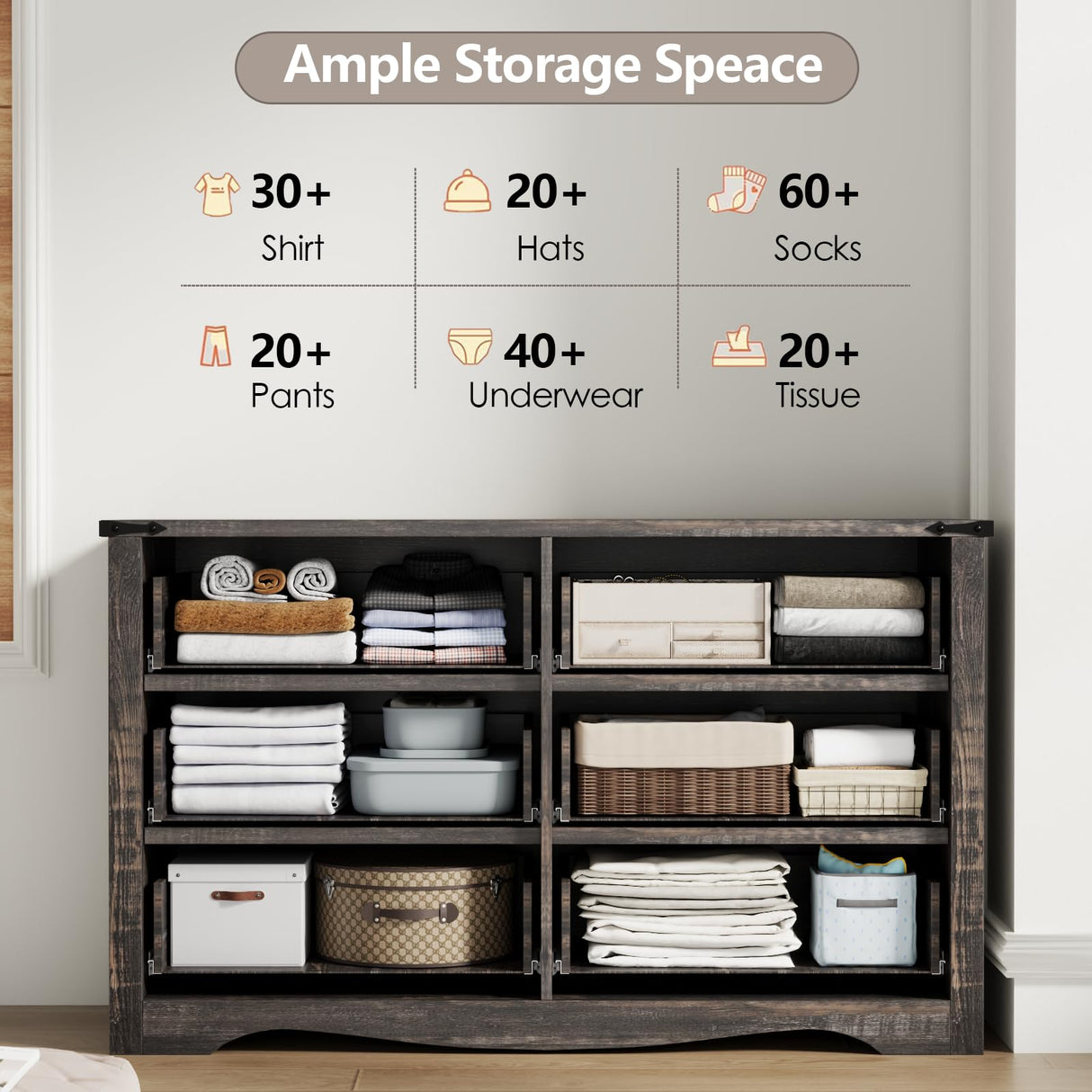 Loomie Farmhouse 6 Drawers Double Dresser for Bedroom, Modern White Dresser Chest of Drawers, Wide Dressers Organizer, Accent Storage Cabinet for Closet, Living Room, Hallway, Dark Rustic Oak Loomie