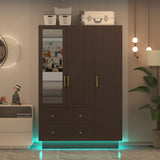 3 Door Wardrobe Closet with Mirror & LED Lights, Bedroom Armoire with Drawers & Shelves, Farmhouse Wooden Armoire Wardrobe Closet with Hanging Rod for Bedroom, Brown jiteentarou