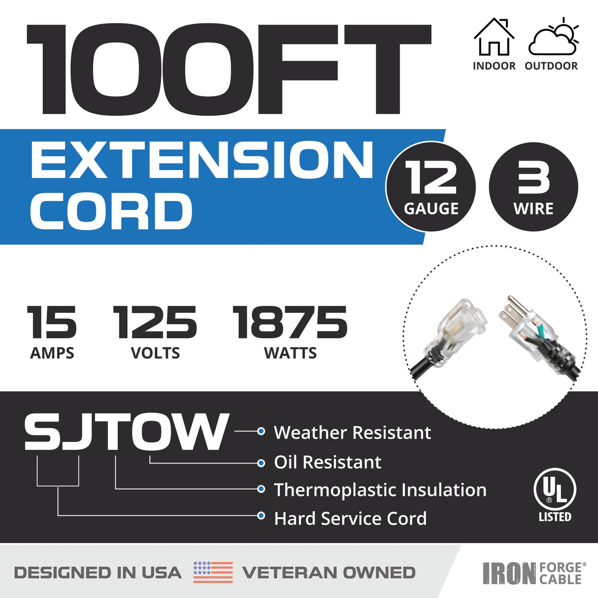 Iron Forge Cable 100 ft Heavy Duty Extension Cord Outdoor, SJTOW Oil Resistant 12 Gauge Lighted Extension Cord 3 Prong, 12/3 Black Industrial Electrical Cable 15 Amp for Farm, Ranch, Appliances IRON FORGE CABLE
