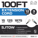 Iron Forge Cable 100 ft Heavy Duty Extension Cord Outdoor, SJTOW Oil Resistant 12 Gauge Lighted Extension Cord 3 Prong, 12/3 Black Industrial Electrical Cable 15 Amp for Farm, Ranch, Appliances IRON FORGE CABLE