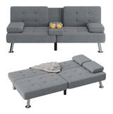 Flamaker Futon Sofa Bed Modern Folding Futon Set Linen Fabric Convertible Recliner Lounge for Living Room with 2 Cup Holders, Removable Armrests (Fabric, Grey) Flamaker