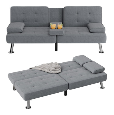 Flamaker Futon Sofa Bed Modern Folding Futon Set Linen Fabric Convertible Recliner Lounge for Living Room with 2 Cup Holders, Removable Armrests (Fabric, Grey)