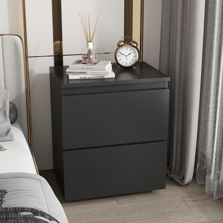 FUNISIR Nightstand with 2 Drawers, Modern Bedroom End Table with No Handle, Wooden Bedside Storage Cabinet, Balck FUNISIR