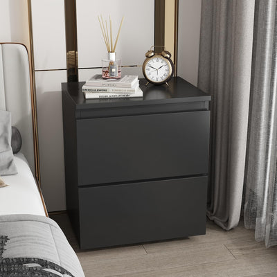 FUNISIR Nightstand with 2 Drawers, Modern Bedroom End Table with No Handle, Wooden Bedside Storage Cabinet, Balck