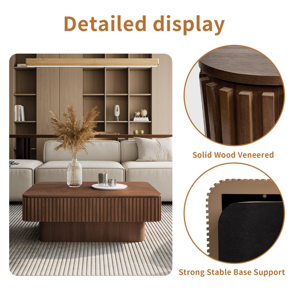 LKTART 38.6''Walnut Fluted Lift Top Coffee Table Modern Handcraft Drum Wooden Solid Wood Veneer Tea Table for Living Room Apartment(Hidden Storage) LKTART