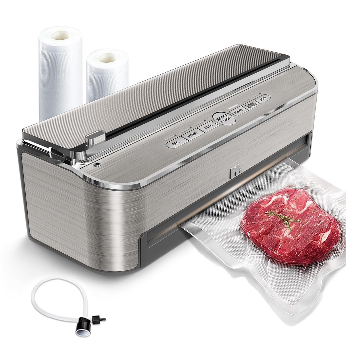 Mesliese Vacuum Sealer Machine, 85kPa 120W Automatic Food Sealer, Powerful Sealing System, Build-in Cutter | Bags Storage | Moist Mode and Air Suction Hose | 2 Bag Rolls and 5pcs Pre-cut Bags Mesliese