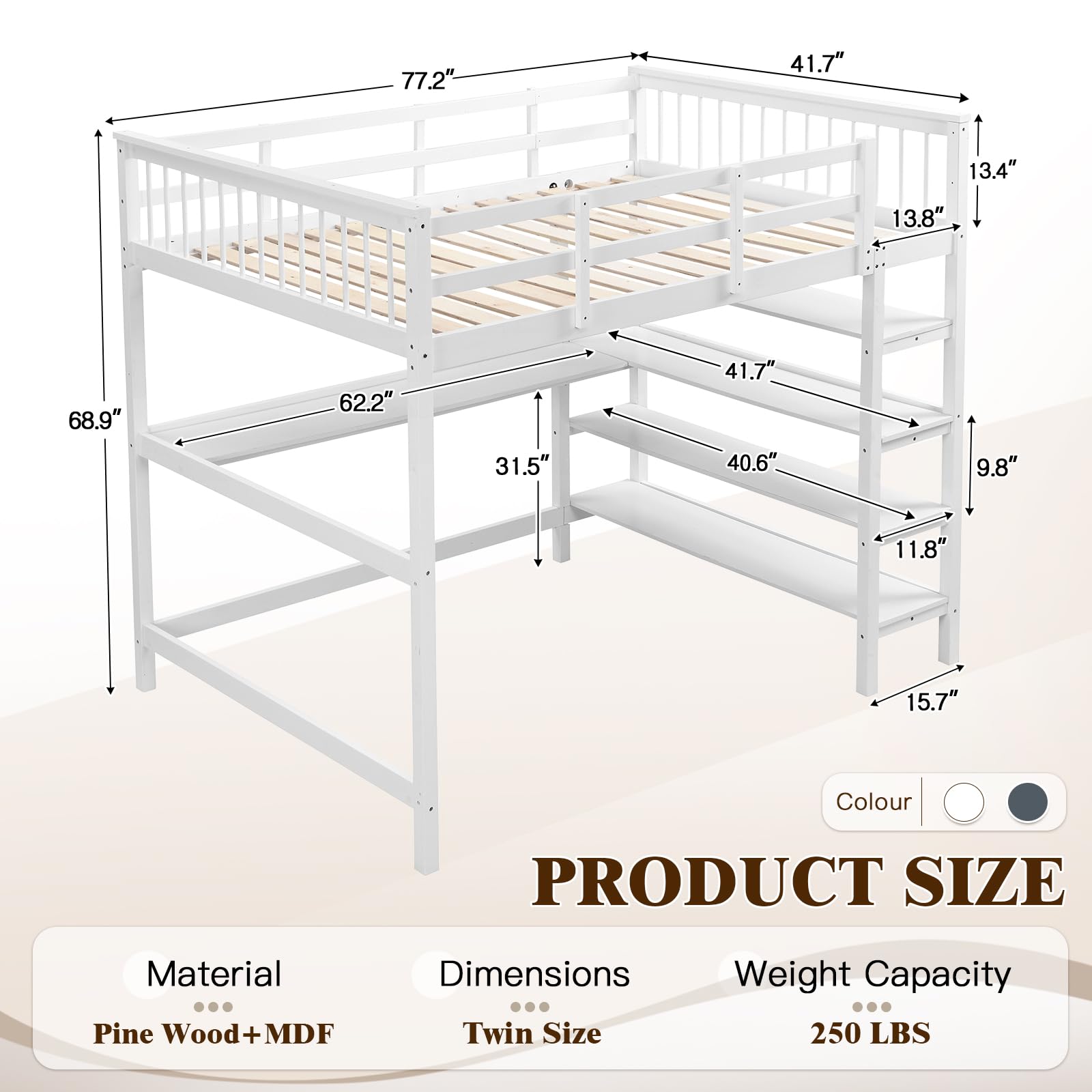 KINFFICT Space-Saving Twin Loft Bed with Integrated Desk and Bookshelves in White - WoodArtSupply