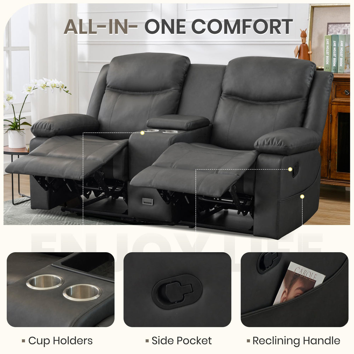 CALIVIA Manual Reclining Sofa Set, Double Recliner Loveseat and 3-Seater Sofa for Living Room, Faux Leather Upholstery with Sturdy Frame & Soft Cushions (Grey) CALIVIA