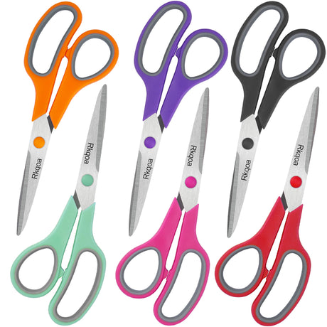Scissors, Rkqoa 8" Scissors All Purpose 6 Pack - Comfort-Grip Sharp Scissors for Office School Sewing Fabric Craft Art Supplies, Teacher/Class Scissors, Right/Left Handles Almarto