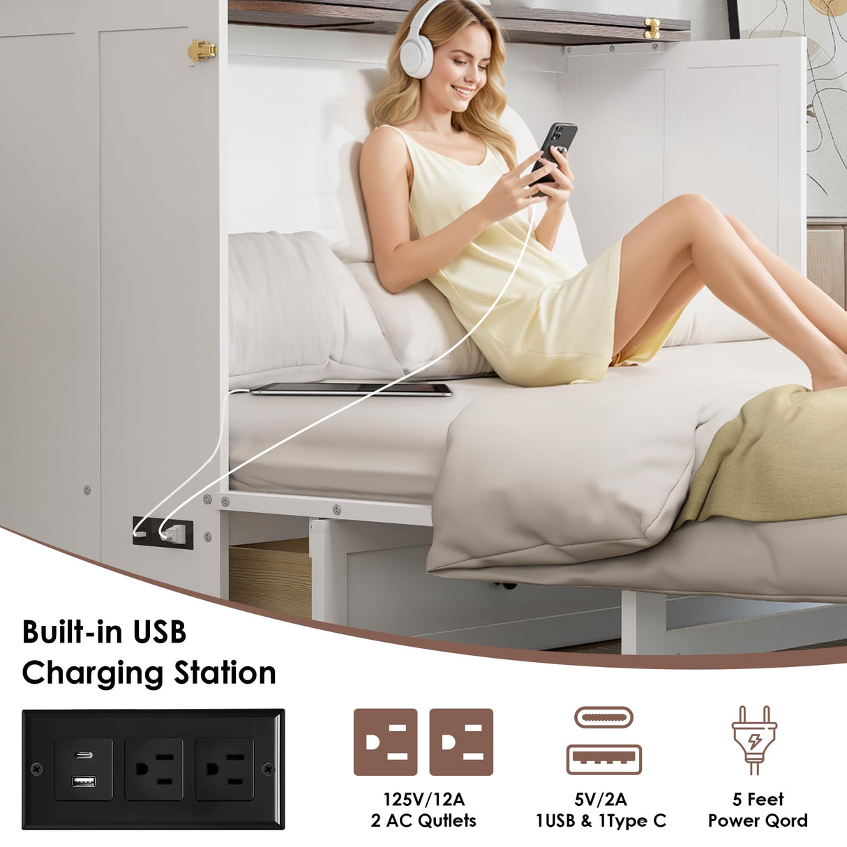 howcool Queen Murphy Bed Cabinet with Charging Station and Large Storage Drawer, Solid Pine Wood Platform Bed Frame, Foldable Cabinet Bed for Home Office, Space Saving Design, White + Walnut howcool