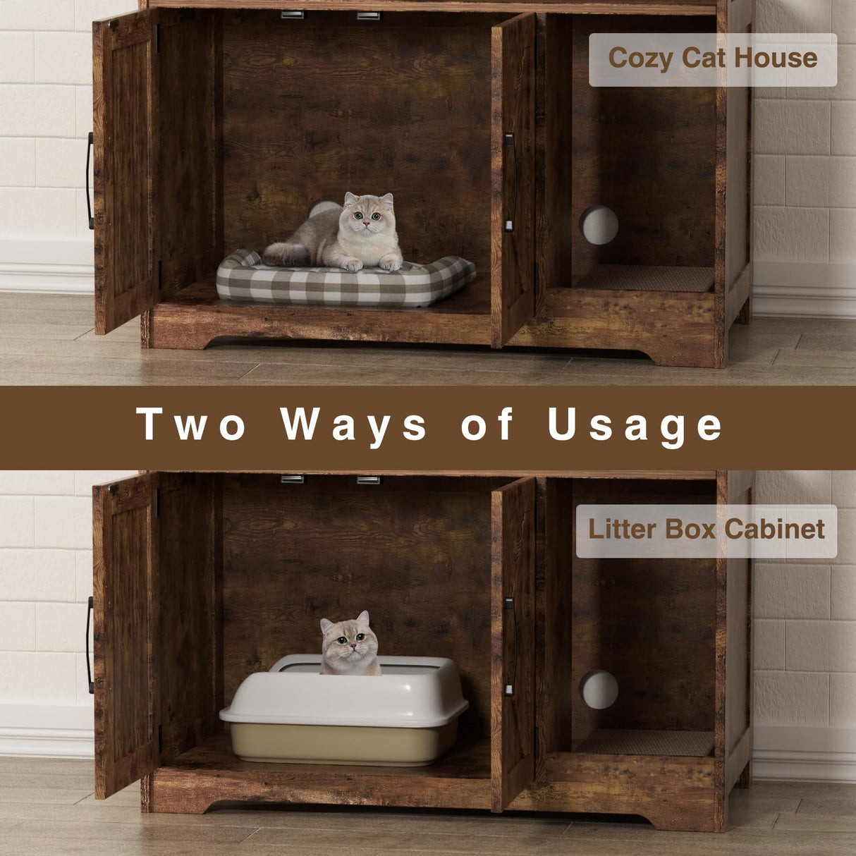 Halitaa Cat Litter Box Enclosure, Hidden Litter Box Furniture with Scratch Pad, Farmhouse Indoor Cat House Washroom End Table, Rustic Brown Halitaa