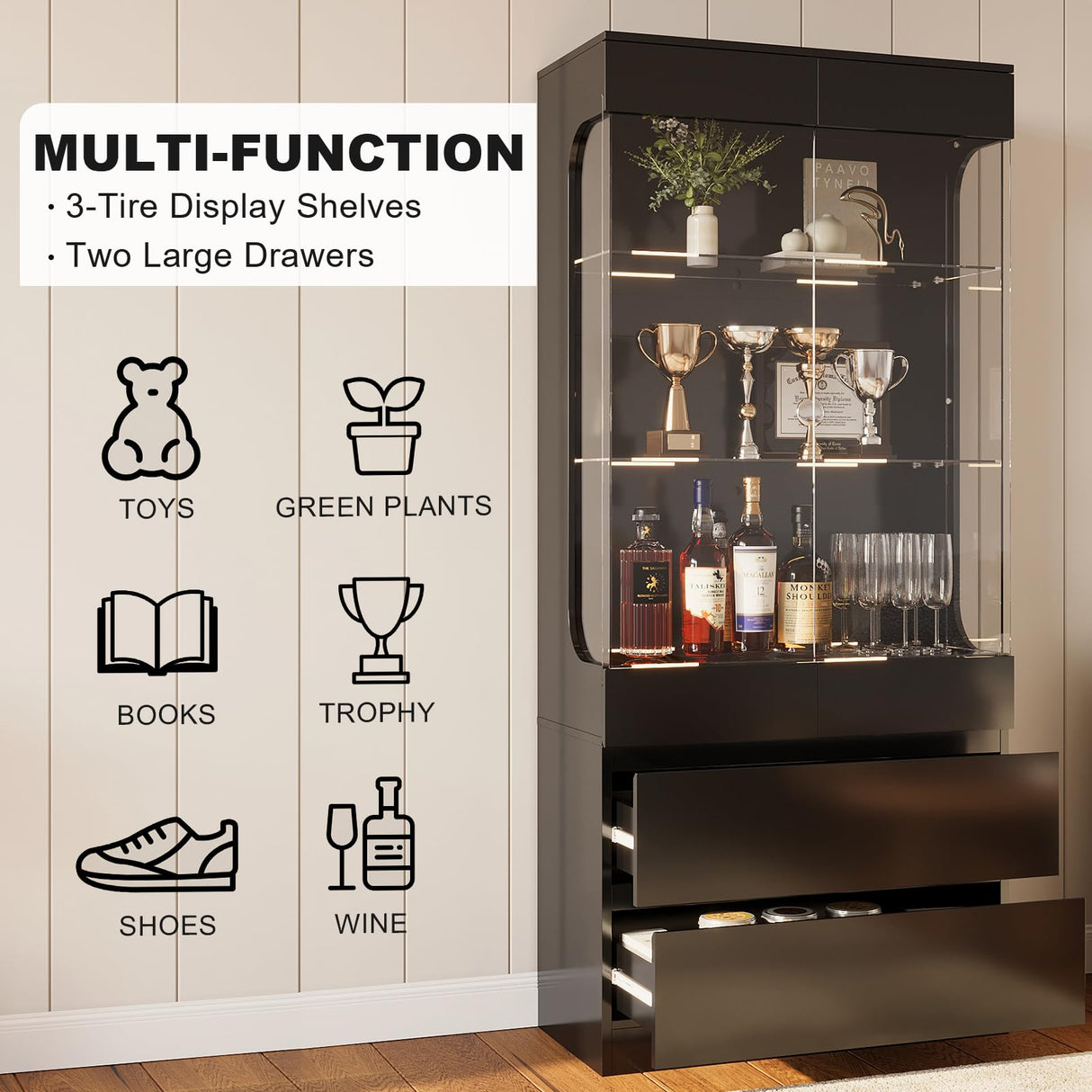 MEISSALIVVE Display Cabinet with Glass Doors, 3-Tier Display Case with 2 Drawers, 70.87''H Curio Cabinet with 7 Color Led Lights for Collectibles, High Gloss, Black MEISSALIVVE
