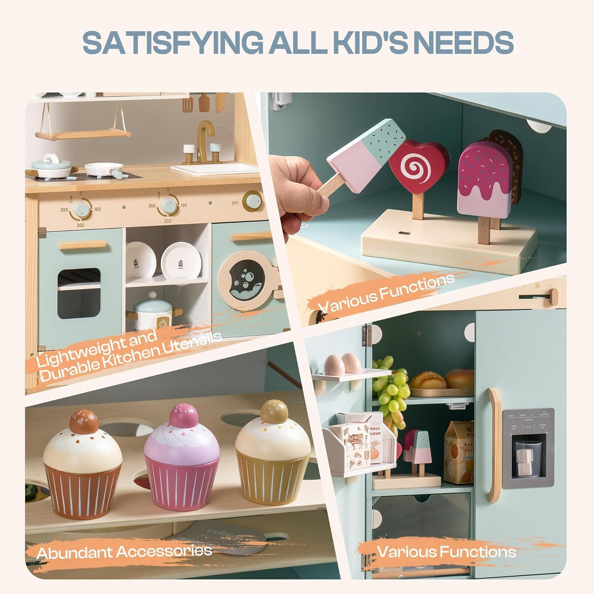 ROBOTIME Wooden Toddler & Kids Kitchen Playset, Wooden Kitchen Toy Playset with Oven, Fridge and Washing Machine, Wooden Kitchen Set Gift for 3+ Year Old Kids, Girls & Boys ROBOTIME