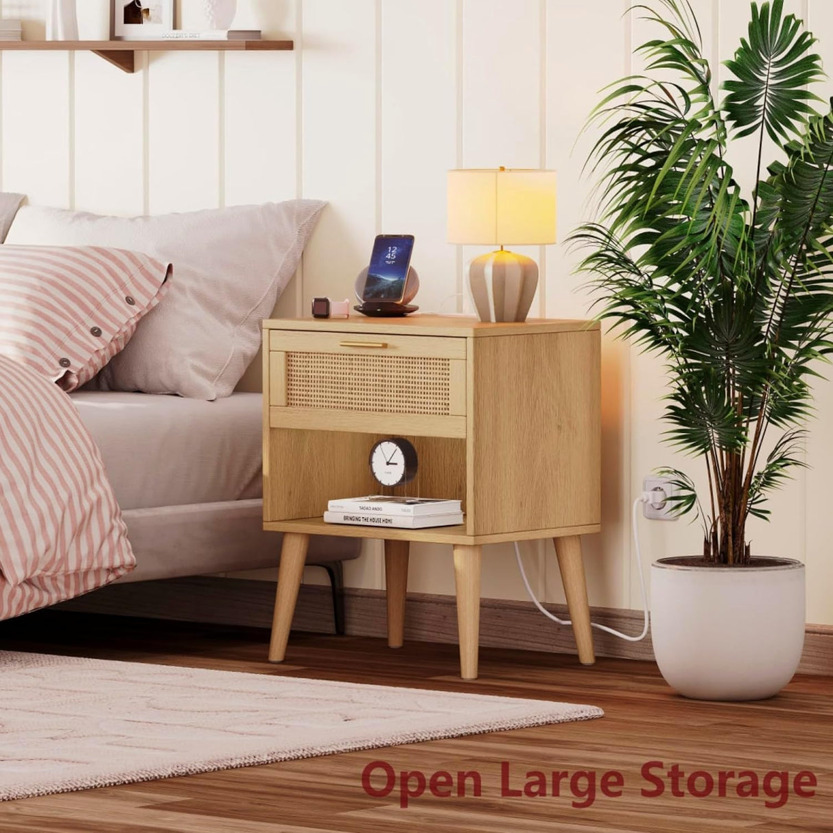 Irontar Nightstands Set of 2, Night Stands with Charging Station & Rattan Drawer, Boho Style Bed Side Tables with Solid Legs, Accent End Table with Open Storage for Bedroom, Natural BZZ007ME02 Irontar