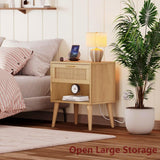 Irontar Nightstands Set of 2, Night Stands with Charging Station & Rattan Drawer, Boho Style Bed Side Tables with Solid Legs, Accent End Table with Open Storage for Bedroom, Natural BZZ007ME02 Irontar