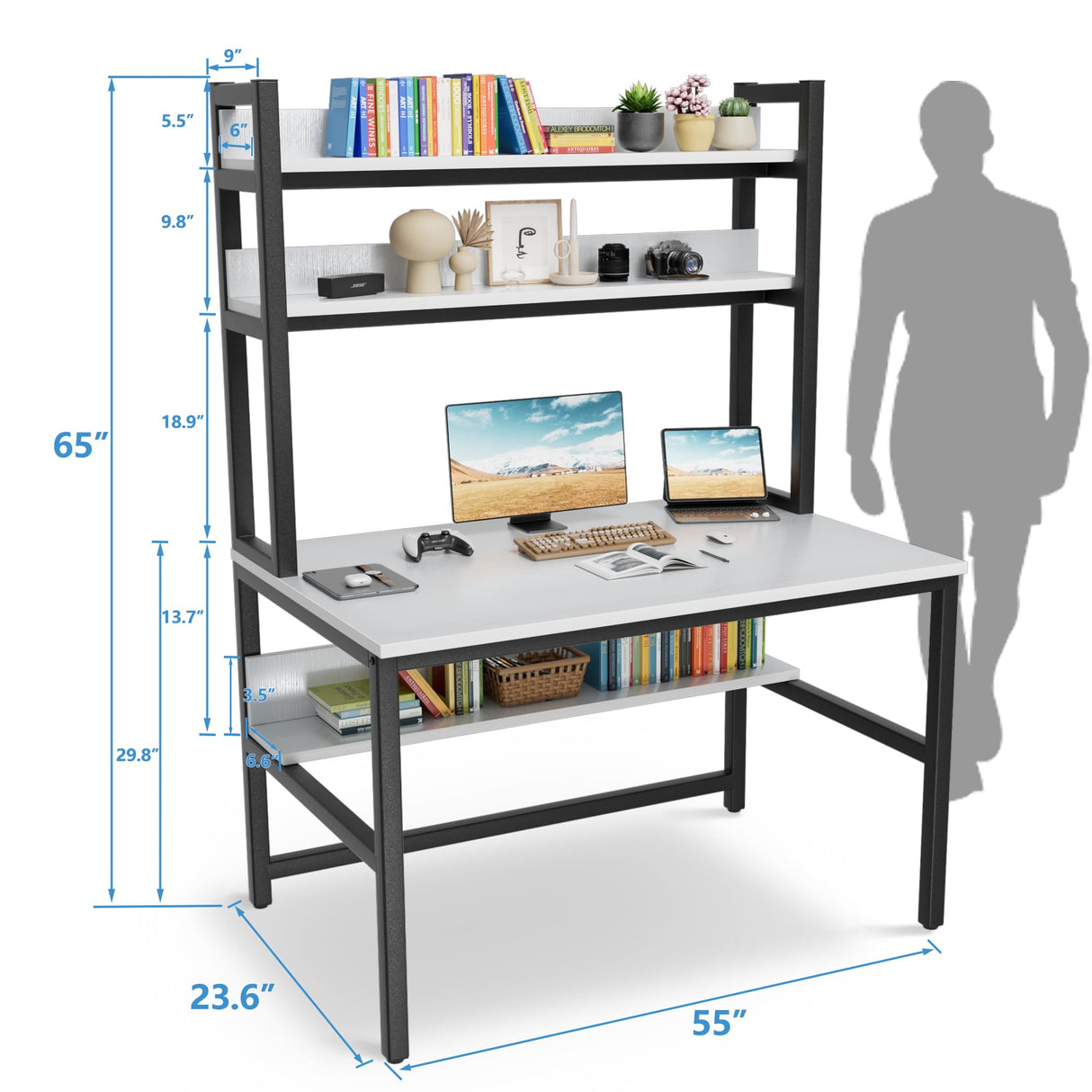 Aquzee White Computer Desk with Hutch and Shelves - Easy Assembly Gaming Table with 4 Tiers for Storage and Study Aquzee