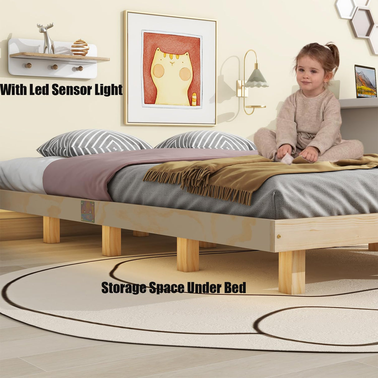 Classic Low Profile Solid Wood Platform Bed with LED Lighting – Japanese Style, Easy Assembly, No Box Spring Needed (Natural, Queen) Klwenas Maec