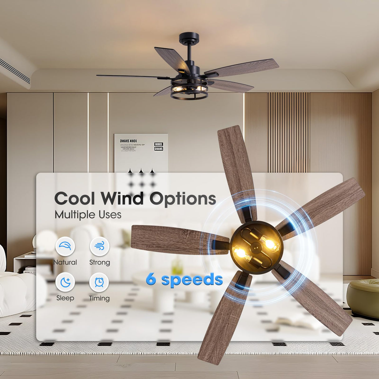 52 Inch Ceiling Fans with Lights and Remote Control, Farmhouse Ceiling Fan for Bedroom Living Room and Patio, Black Caged Ceiling Fan for Indoor and Outdoor LuminFan