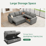 HONBAY Modular Sectional Sleeper Sofa with Pull Out Bed, Chenille L Shaped Couch with Storage Seats, Convertible Sectional Couches for Living Room, Warm Grey HONBAY