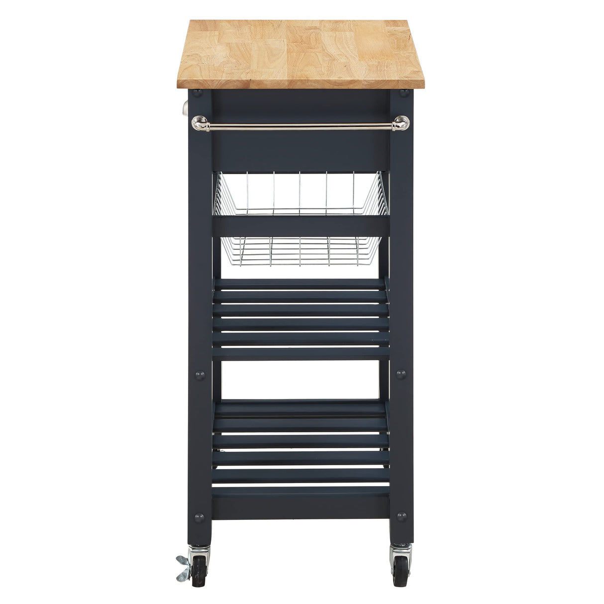 OSP Home Furnishings Hampton Kitchen Cart with Wood Top, Utensil Drawer, Under Cabinet Basket, and 2 Slatted Shelves, Blue Stone Base Office Star Products