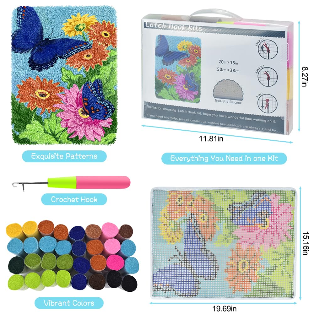 Yjunue Butterfly Floral Latch Hook Kits for Adults, DIY Crochet Yarn Rugs Hooking Craft Kit with Color Preprinted Pattern Design for Kids Adults and Beginners(Butterfly, 20 x 15in) Yjunue