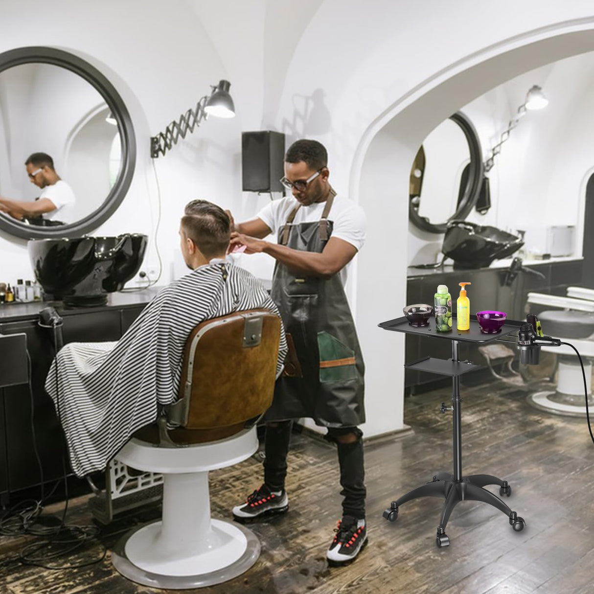 Salon Tray Cart with Storage Platform, Aluminum Tattoo Tray with Wheels Trolley Adjustable Height, Salon Tray Equipment Service Instrument Storage Tray Accessory for Salon & Spa Use, Black ZHOOGE