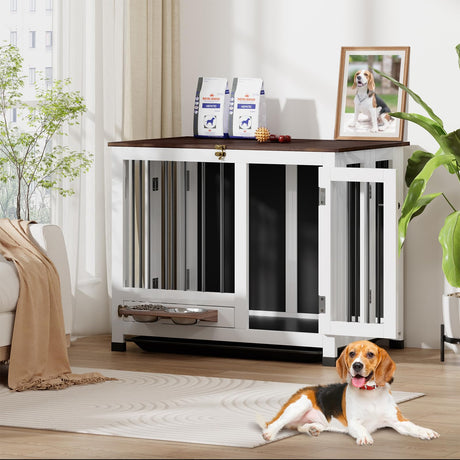 31.5" Dog Crate Furniture - Indoor Wooden Kennel with 360° Rotating Feeder | Multi-Functional End Table for Small & Medium Dogs | Portable Pet Cage with Removable Tray & Easy Assembly LotaTools