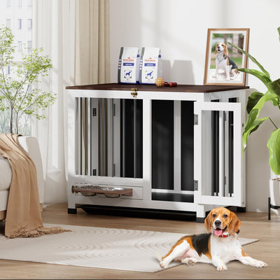 31.5" Dog Crate Furniture - Indoor Wooden Kennel with 360° Rotating Feeder | Multi-Functional End Table for Small & Medium Dogs | Portable Pet Cage with Removable Tray & Easy Assembly
