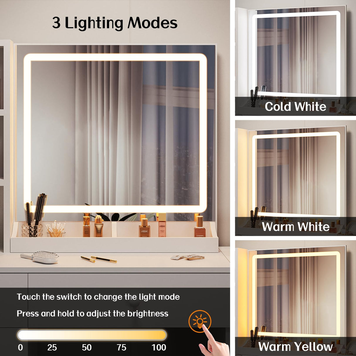 Haewon Makeup Vanity Desk with Mirror and Lights, White Vanity Table with Power Outlet and 3 Lighting Modes, Dressing Table Set with Cabinet Drawers Shelves and Storage Stool for Bedroom Haewon