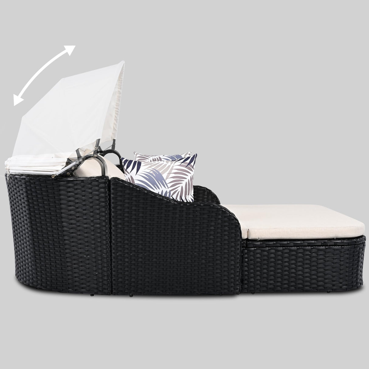 Patio Canopy Daybed with Canopy, 79.9" Outdoor Sunbed with Adjustable Canopy, Double Lounge Chair, PE Rattan Daybed for Garden Poolside Patio, Black Wicker and Beige Cushion RuiSiSi
