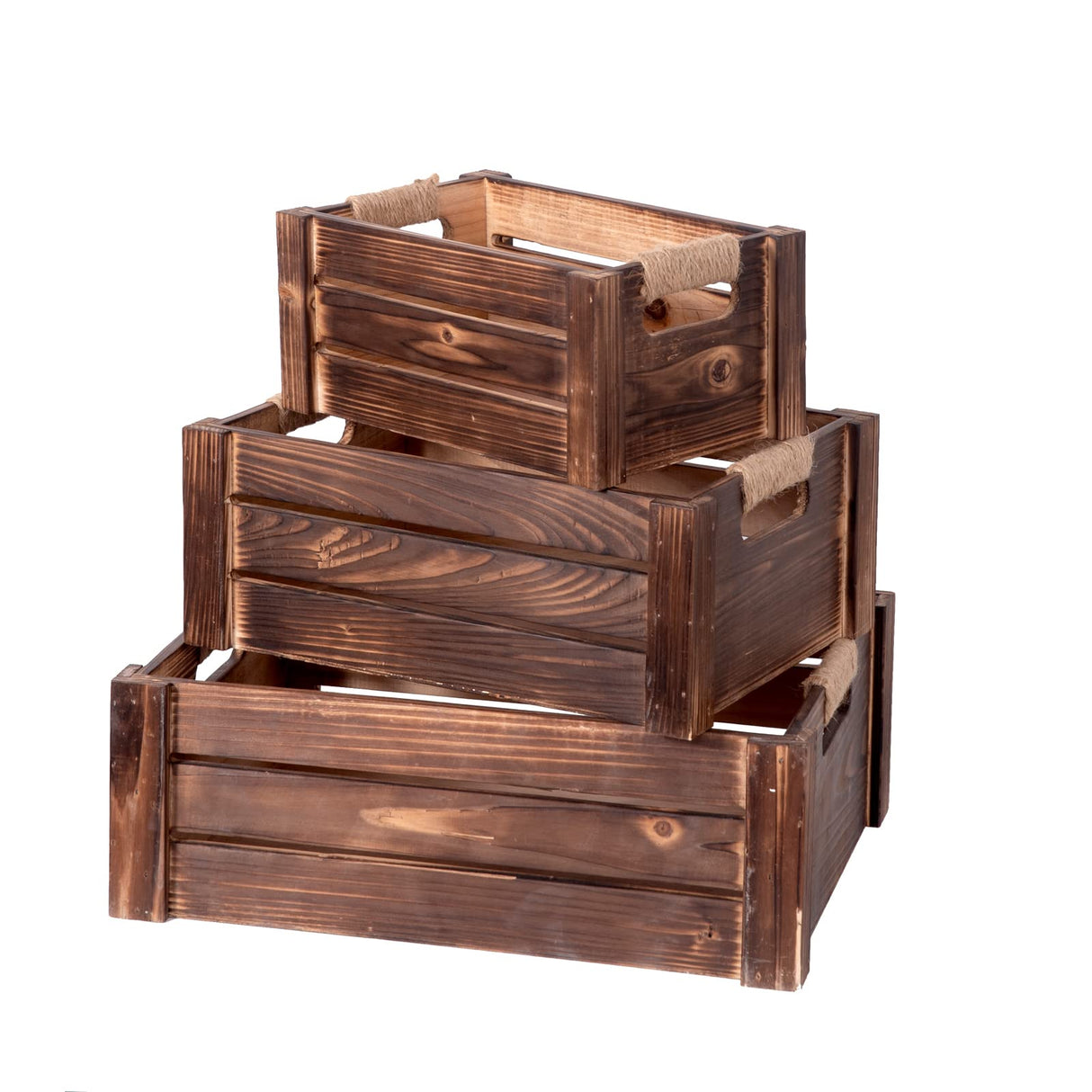 TIMRIS Set of 3 Rustic Wood Nesting Crates, Farmhouse Wooden Storage Container Boxes with Cutout Handles, Decorative Wooden Baskets for Display (Rustic Brown) TIMRIS