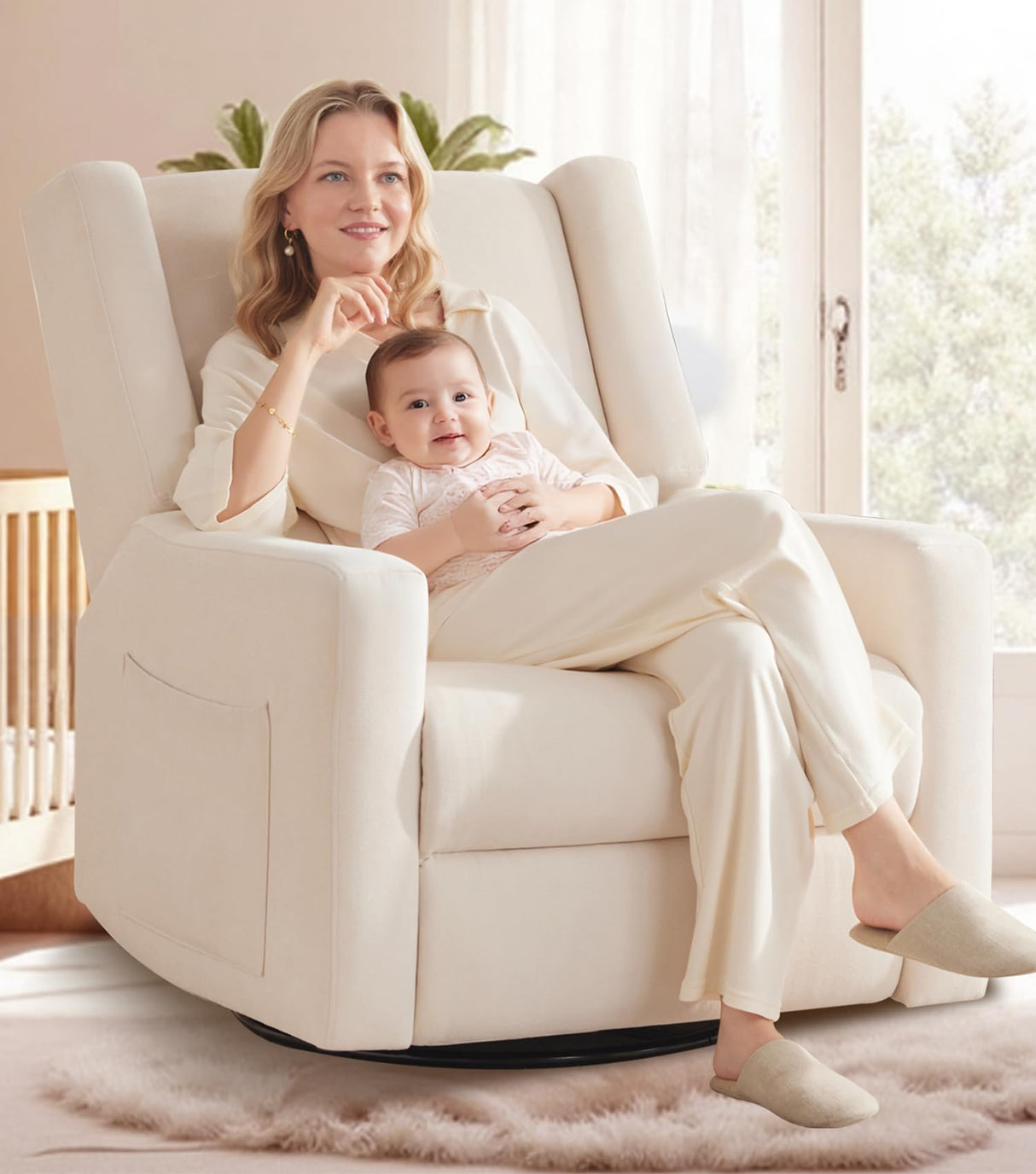 Tbfit 360° Swivel Recliner Chair, Nursery Rocking Chair with Lumbar Support & Footrest for Bedroom, Comfy Upholstered Armchair with Pillows & Storage Bag for Living Room (Beige, Hidden Ring Handle) Tbfit