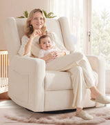 Tbfit 360° Swivel Recliner Chair, Nursery Rocking Chair with Lumbar Support & Footrest for Bedroom, Comfy Upholstered Armchair with Pillows & Storage Bag for Living Room (Beige, Hidden Ring Handle) Tbfit