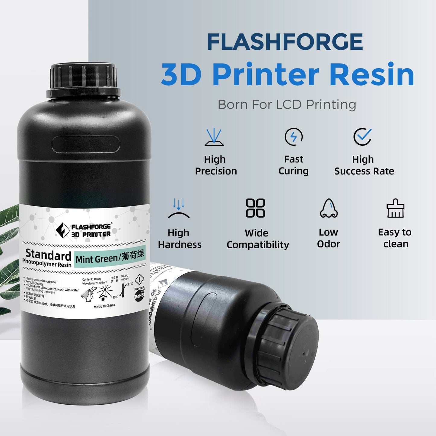 FLASHFORGE 3D Printer Resin 1kg(2.2lbs), LCD UV-Fast-Curing Resin 405nm Standard Photopolymer Resin for LCD Resin 3D Printer, Low Shrinkage and High Precision (Mint Green, 1000G) - WoodArtSupply