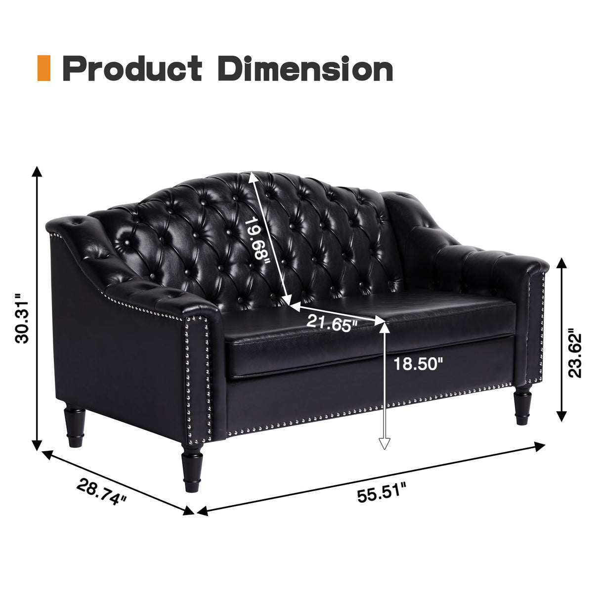 Chesterfield Loveseat, 55" Leather Love Seat Sofa, Comy Small Sofa Counch with Camelback for Small Spaces, Mid Century Modern 2 Deep Seats Couch for Apartment Living Room, Bedroom (PU-Loveseat, Black) SUJOUCRAFT