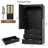 GarveeHome Armoire Wardrobe Closet, 69.5 in Wooden Wardrobe Cabinet with 3 Drawers, Hanging Rod, 2 Doors Clothing Storage Cabinet for Bedroom, Large Capacity Storage, Rattan Door, Black GarveeHome
