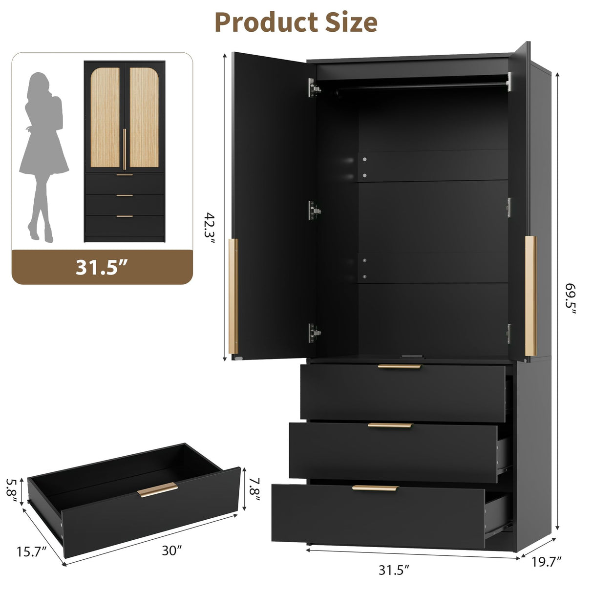 Senfot Rattan Armoire Wardrobe Closet with 3 Drawers and 2 Doors, Modern Wooden Wardrobe Cabinets for Hanging Clothes, Tall Standing Bedroom Armoires, Heavy Duty, Black Senfot