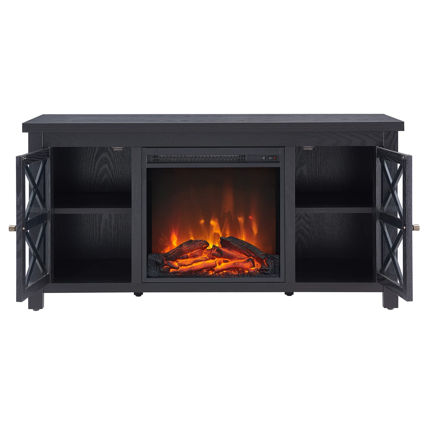 Henn&Hart Rectangular TV Stand with Log Fireplace for TV's up to 55" in Black, Electric Fireplace TV Stands for the Living Room