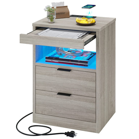 Tiptiper LED Nightstand with Wireless Charging Station, Farmhouse Nightstand with LED Light, Rustic End Table Side Table with Drawers, Pull-Out Tray and Open Storage, Grey Wood Grain Tiptiper