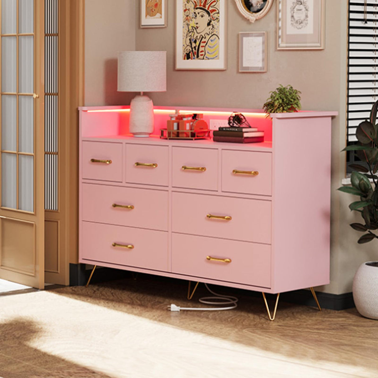 Pink Dresser with Power Outlet and LED Lights, Wood 8 Drawer Dresser for Bedroom, Modern Chest of Drawers with Gold Handles and Open Storage Space for Closet, Living Room, Entryway HarmoHaby