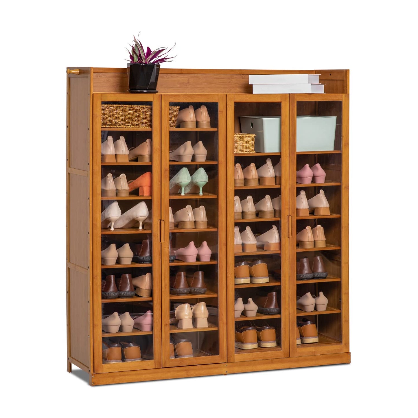 MoNiBloom Shoe Cabinet with Acrylic Doors, 9 Tier Bamboo Free Standing Shoe Shelf Storage Organizer with Side Hooks for 41-45 Pairs Home Entryway, Brown